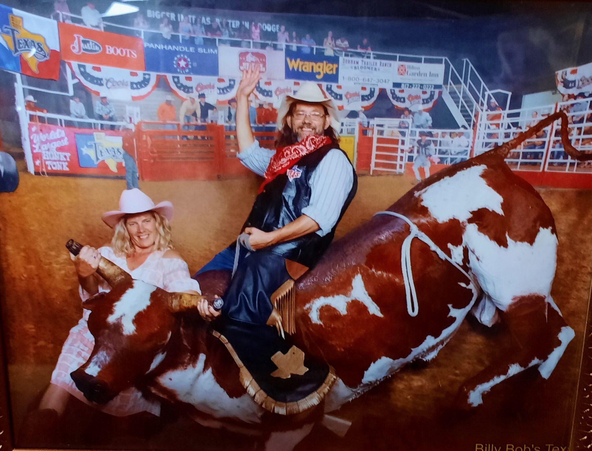 A man and woman riding on the back of cows.